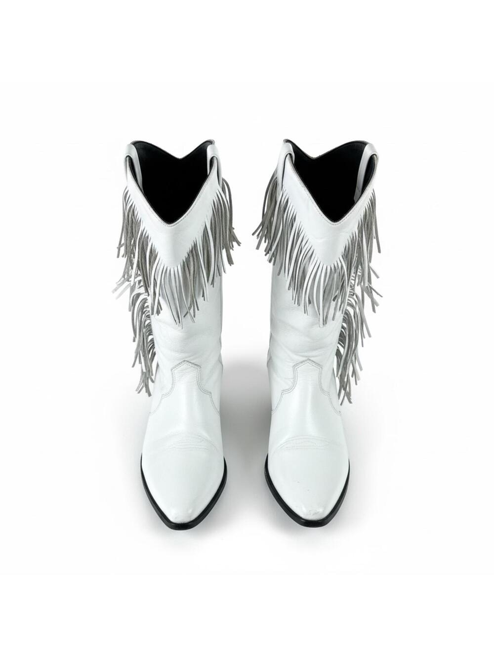 Vintage Fringe Cowboy Boots White Leather Western Boho Festival Boots Size 6